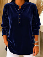 Women's Solid Color Henley Collar Long-sleeved Casual Loose Velvet Top