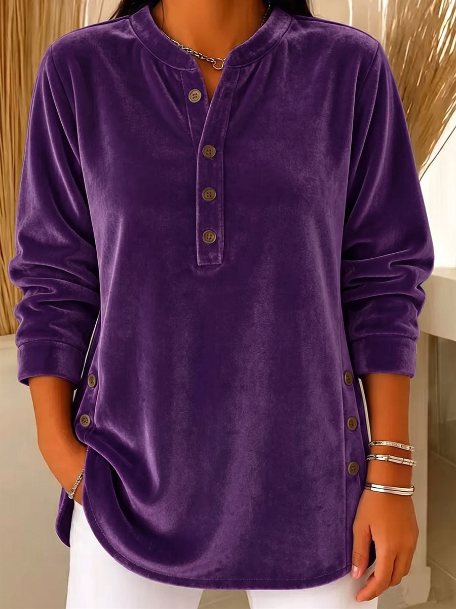 Women's Solid Color Henley Collar Long-sleeved Casual Loose Velvet Top