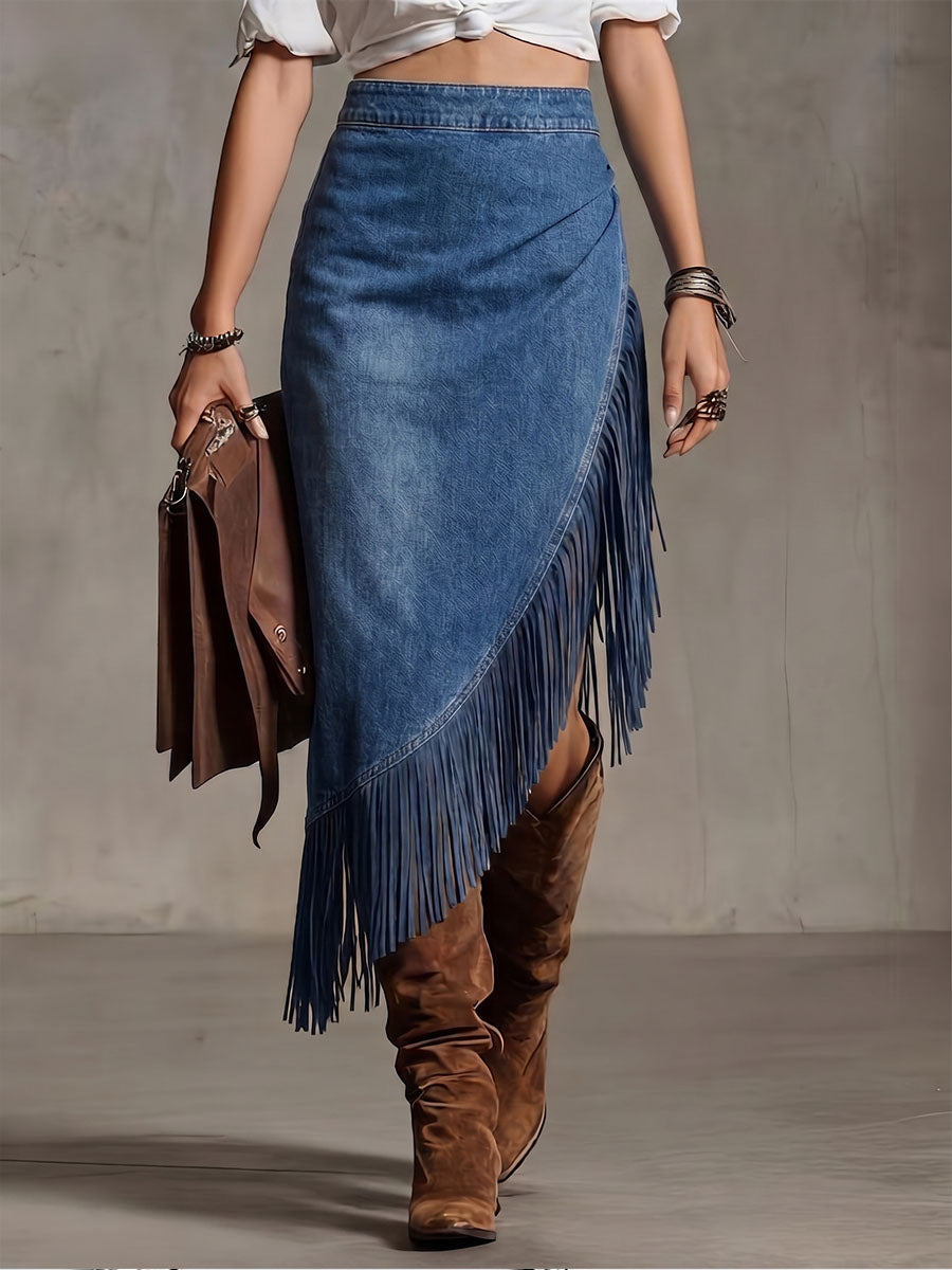 Women's High-Waisted Casual Loose Denim Fringe Skirt