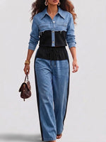 Casual Black Patchwork Cotton Denim Jacket And Jeans Set
