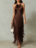 Halter Multi-layer Fringe Fitted Sleeveless Maxi Evening Dress