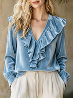 Cozy, Relaxed-fit Ruffled V-neck Velvet Top