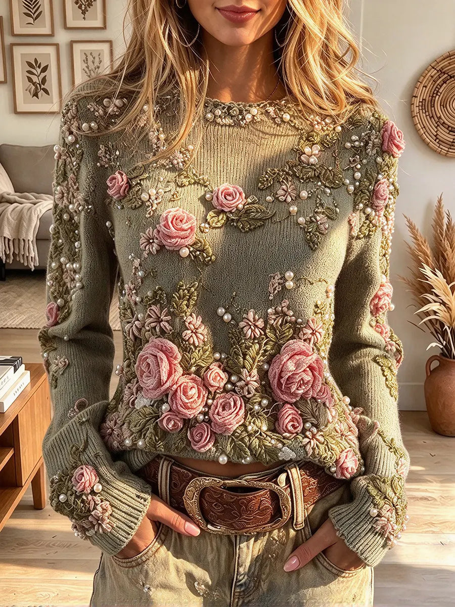 Women's Rose Floral Embroidery Pearl Beaded Long Sleeve Sweater