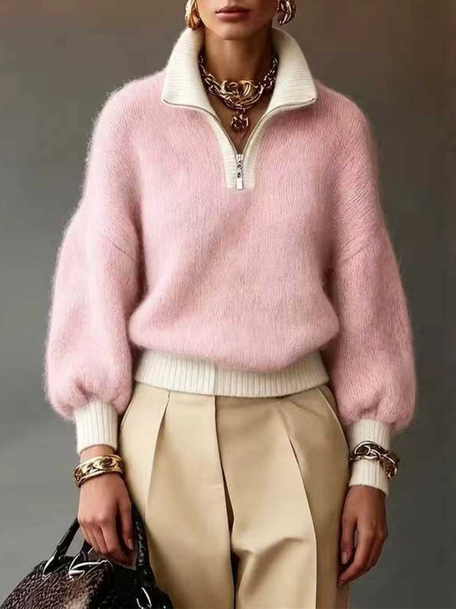 Chic Lavender Contrast-Trim Half-Zip Sweater
