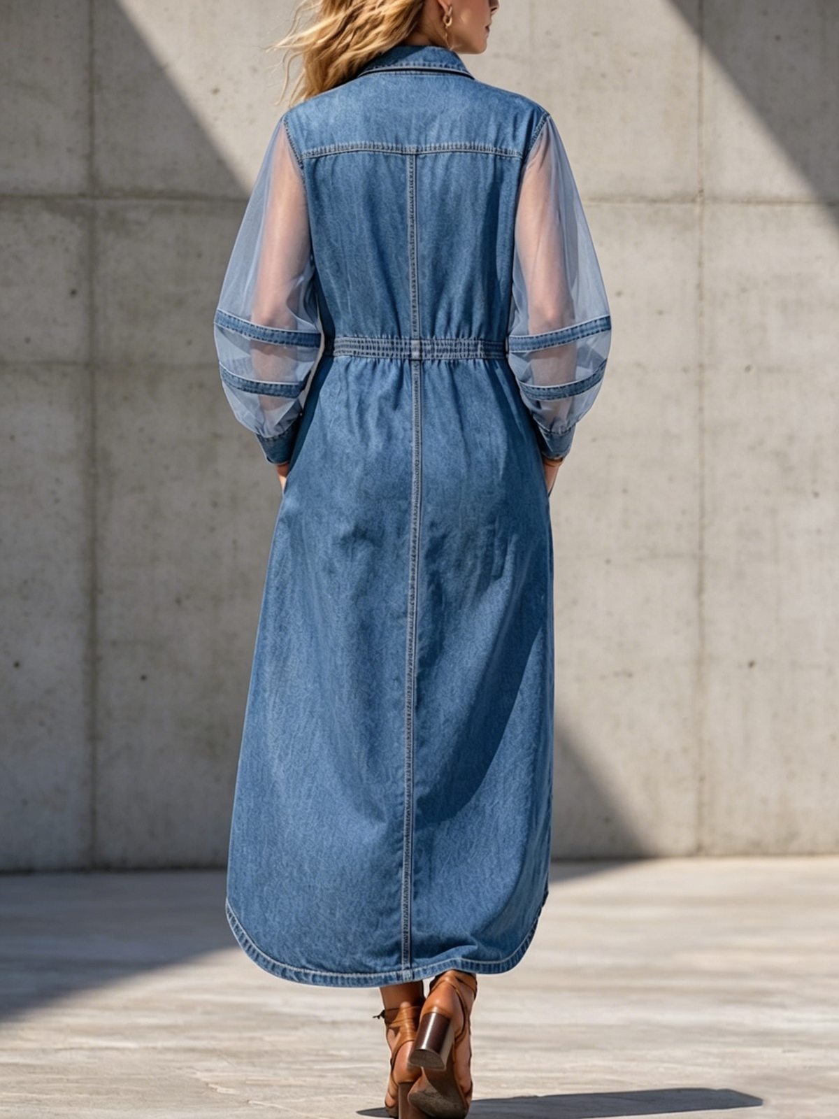 Long-sleeve Utility-style Denim Shirt Dress With Sheer Mesh Paneling