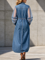 Long-sleeve Utility-style Denim Shirt Dress With Sheer Mesh Paneling