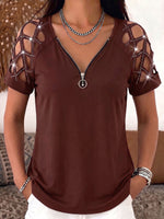 Women's Solid Color V-neck Short-sleeved Casual Loose Hollow-out Rhinestone Patchwork Top