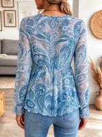 Retro Ethnic Floral Pattern Art Print Casual Stylish Long Sleeve Mesh V Collar Shirt