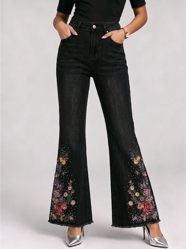 Casual Floral Embroidery Flared Jeans