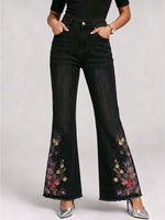 Casual Floral Embroidery Flared Jeans