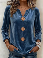 V-neck Button-front Long-sleeve Velvet Top