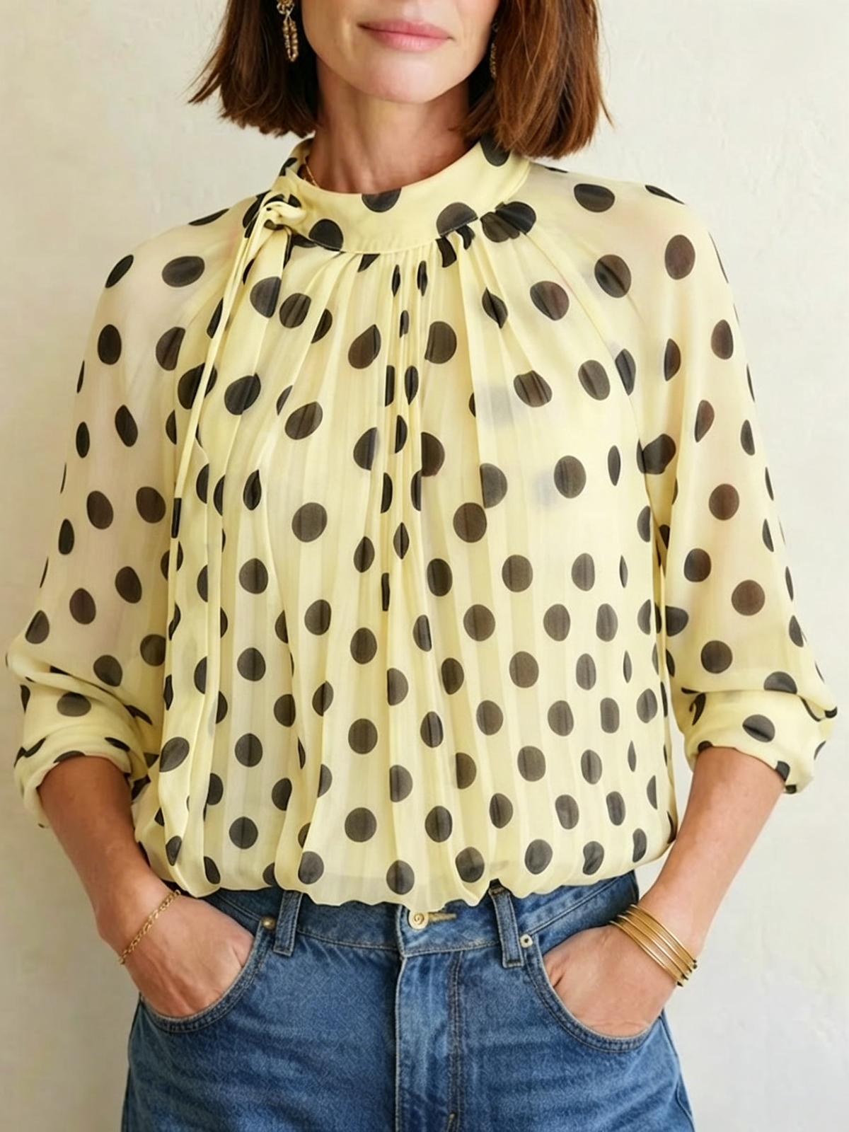 Elegant, Loose-fitting Women's Blouse Featuring Polka Dots, A Tie-neck, And Sheer Lantern Sleeves