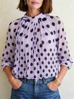 Elegant, Loose-fitting Women's Blouse Featuring Polka Dots, A Tie-neck, And Sheer Lantern Sleeves