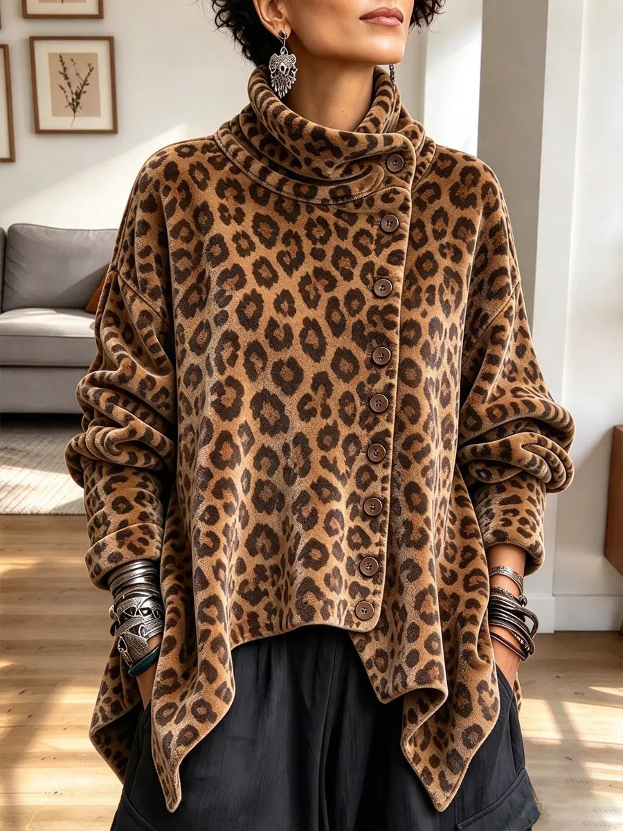 Retro Leopard Pattern Art Print Casual Button Stylish Long Sleeve Coat