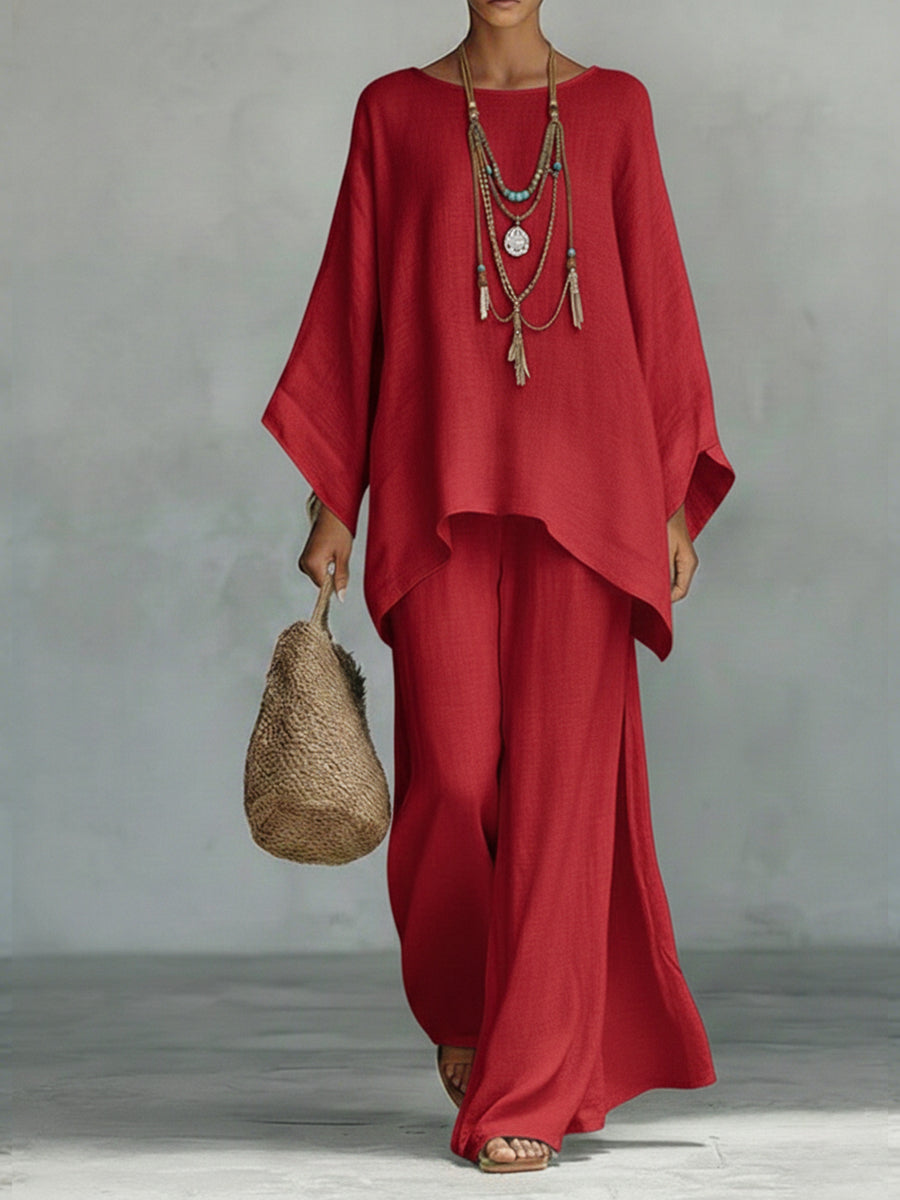 Women's Cozy, Loose-fitting Linen And Cotton Top And Wide-leg Pants Two-piece Set.