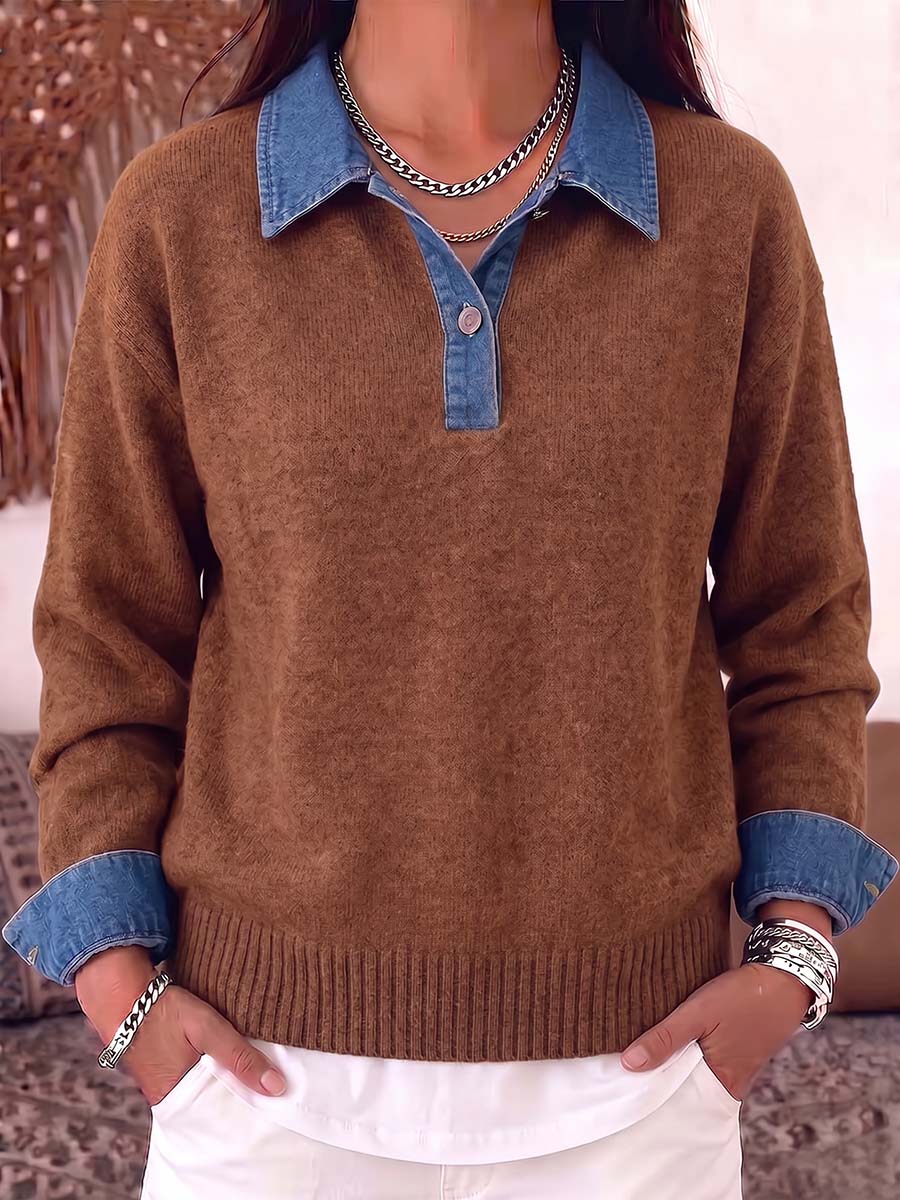 Women's Pullover Collar Long-sleeved Casual Loose Denim Patchwork Knit Top