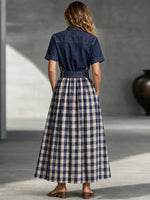 Vintage Denim Yoke & Plaid Patchwork Shirt Dress With Belt