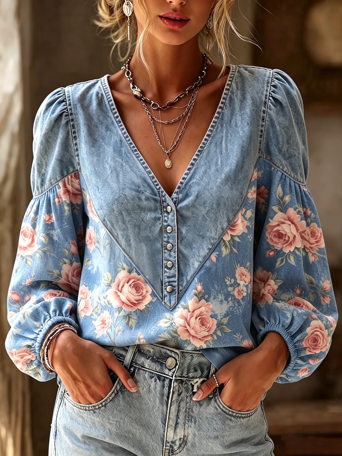 Boho V-neck Floral Print Denim Patchwork Casual Blouse