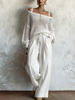 Two-piece Set: Open-knit Top And Cotton-linen Trousers