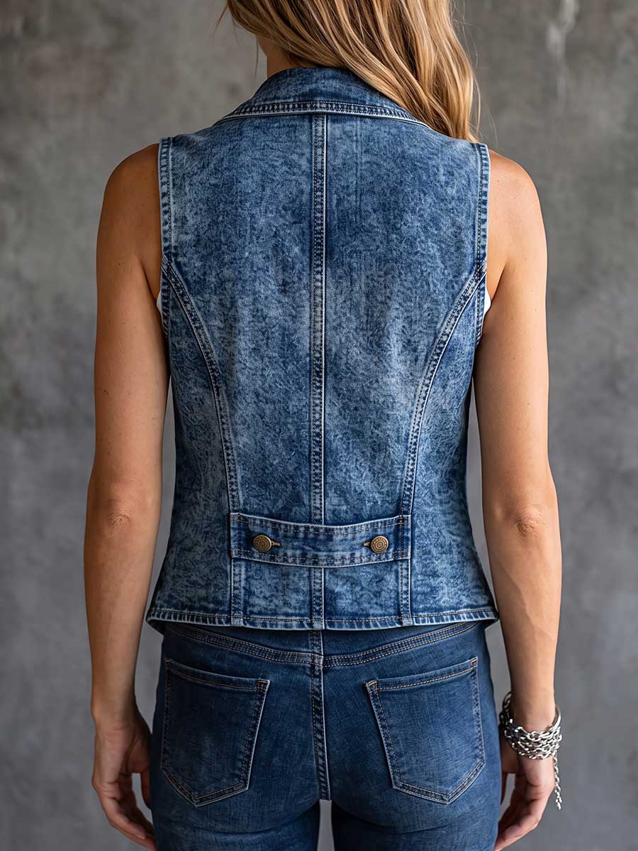Women's Collared Sleeveless Casual Loose Denim Vest