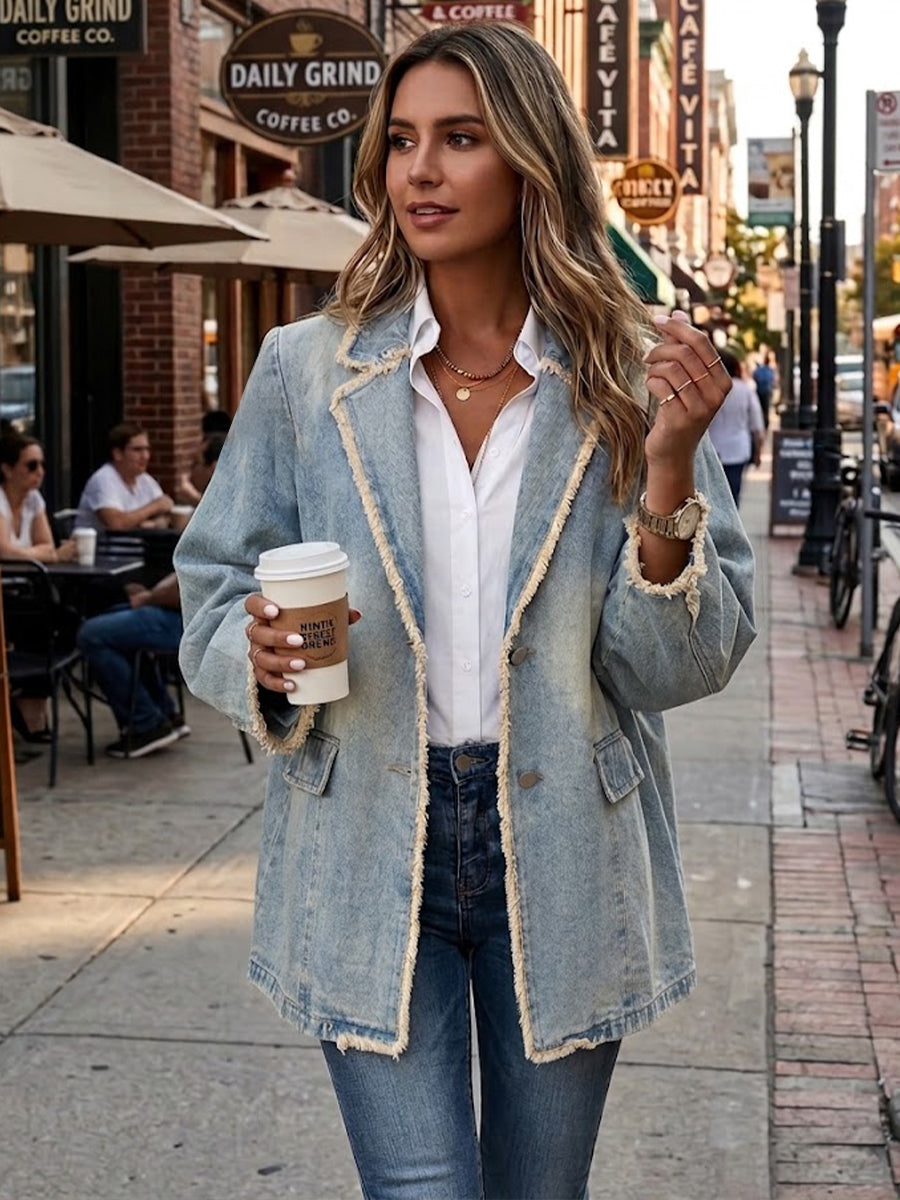 Vintage-style Casual Oversize Denim Jacket With Raw Edges