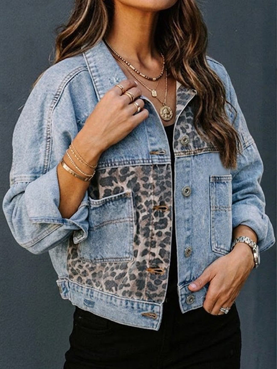 Wash Lapel Vintage Leopard Splice Cropped Loose Denim Jacket
