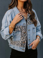 Wash Lapel Vintage Leopard Splice Cropped Loose Denim Jacket