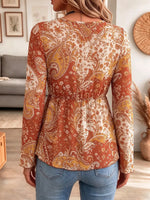 Retro Ethnic Floral Pattern Art Print Casual Stylish Long Sleeve Mesh V Collar Shirt