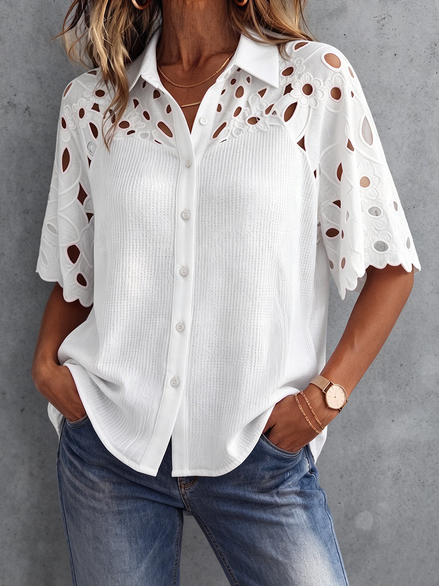 Boho Floral Embroidered Patchwork Knit Button-up Top
