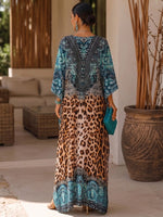 Loose-fitting, Cozy Cotton-blend Long Kaftan Dress Featuring A Leopard And Paisley Print.