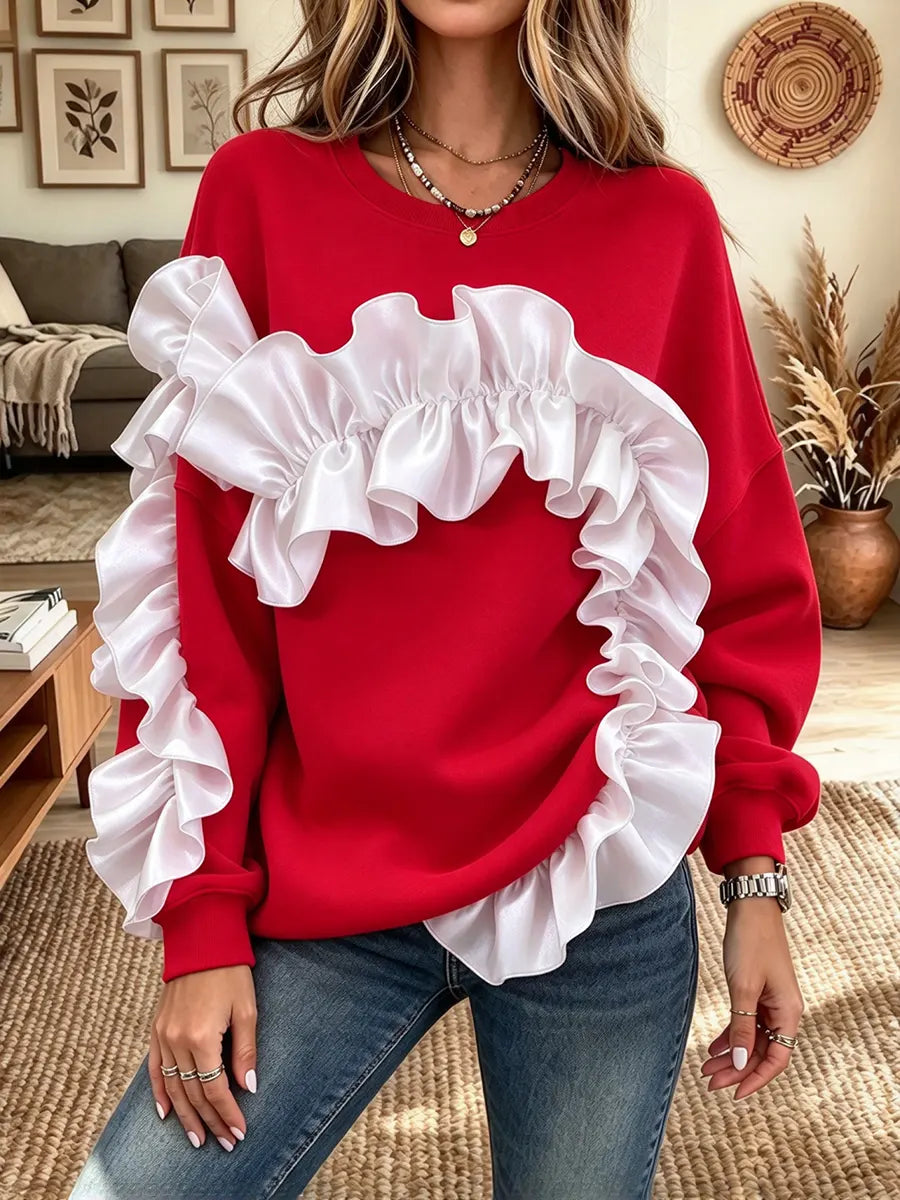 Women's Ruffled Stitching Crewneck Sweatshirt