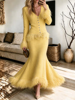 Women's Yellow Raw-edge V-neck Knit Cardigan And Skirt Two-piece Set