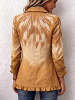 Chic Western Boho Feather Print Ruffle Hem Blazer