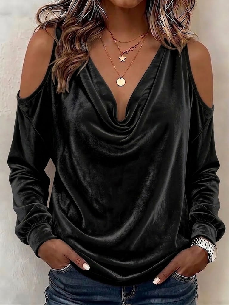 Draped Cowl Neck Cold Shoulder Velvet Lantern Long Sleeve Top