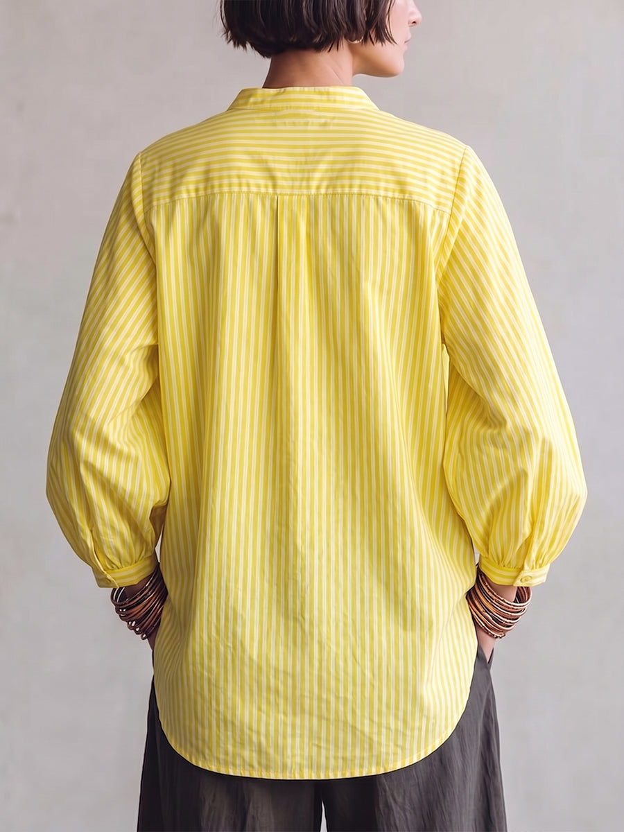 Artistic Patchwork Print Striped Linen Tunic Blouse
