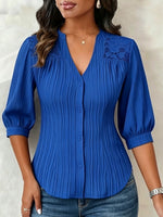 Lace-paneled V-neck Blouse Featuring Vertical Pleats, A Fitted Waist, And Puff Three-quarter Sleeves