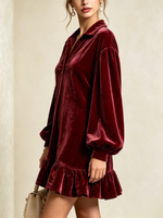 Velvet Loose-fit Mini Dress Featuring A Lapel Collar, Partial Button Placket, Lantern Sleeves, And A Ruffled Hem