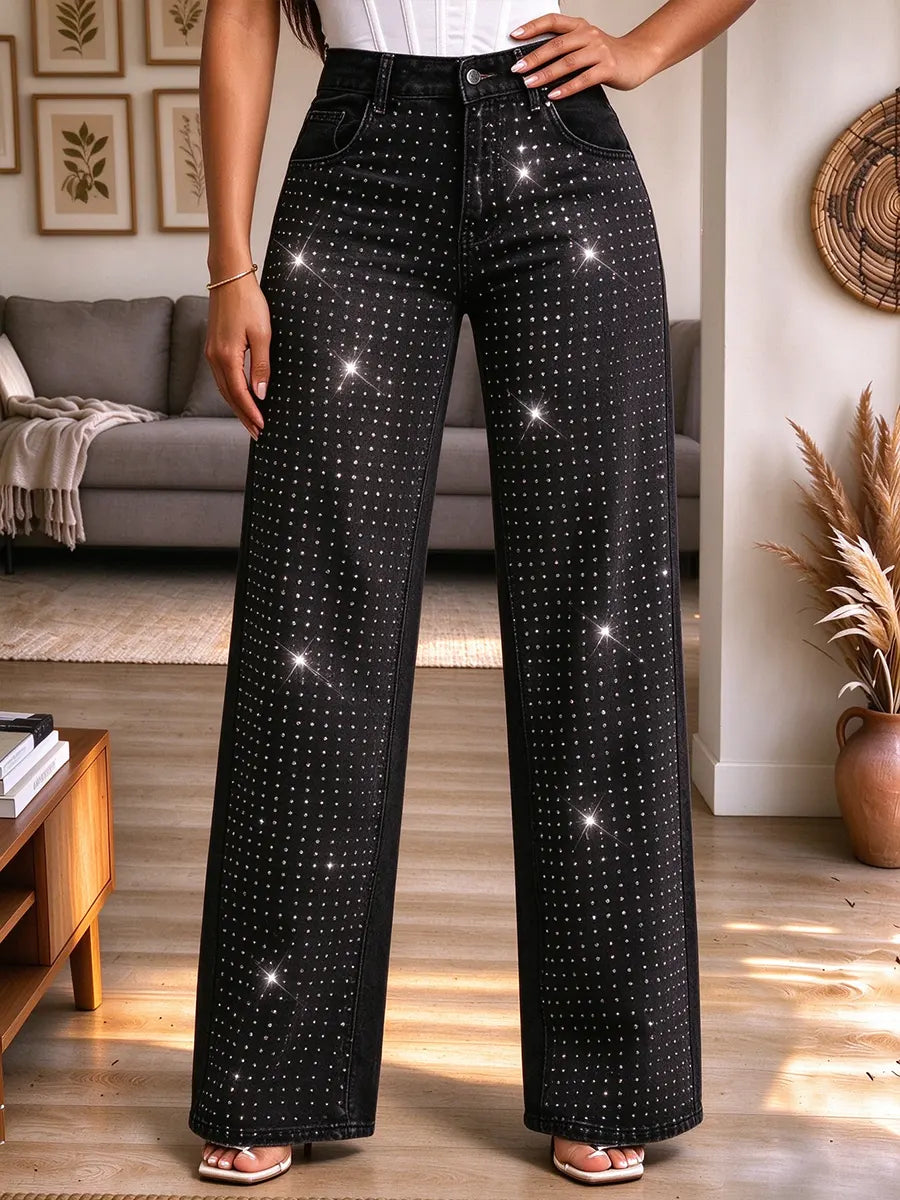 Women's High Waisted Rhinestone Wide Leg Jeans