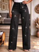 Women's High Waisted Rhinestone Wide Leg Jeans