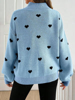 Cozy Half-zip Knit Pullover With Heart Pattern
