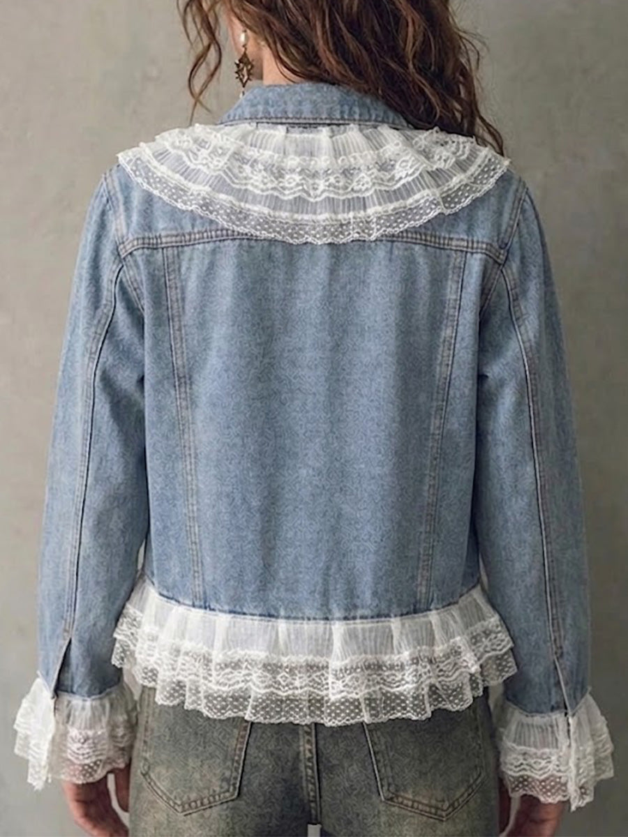 Lace Spliced Pearl Decor Cropped Denim Jacket