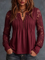 Solid-color Long-sleeve V-neck Pleated Top With Lace Cutouts