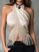 Satin Halter-neck Top Featuring A Bias-cut, Ruched Design, Elaborate Fringe Detailing, And A Form-fitting Silhouette—suitable For Versatile Styling
