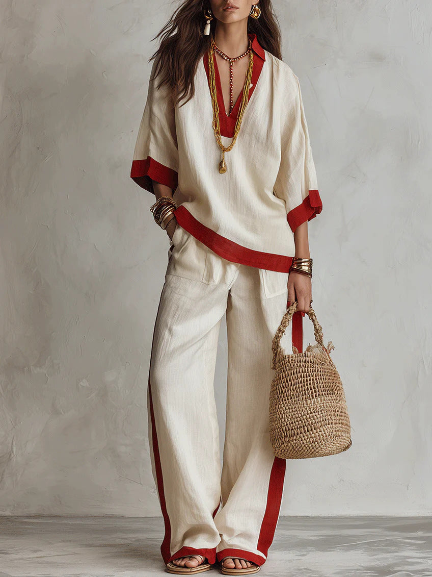 Contrast Trim Linen V-Neck Top & Striped Wide-Leg Pants Two-Piece Set
