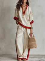 Contrast Trim Linen V-Neck Top & Striped Wide-Leg Pants Two-Piece Set