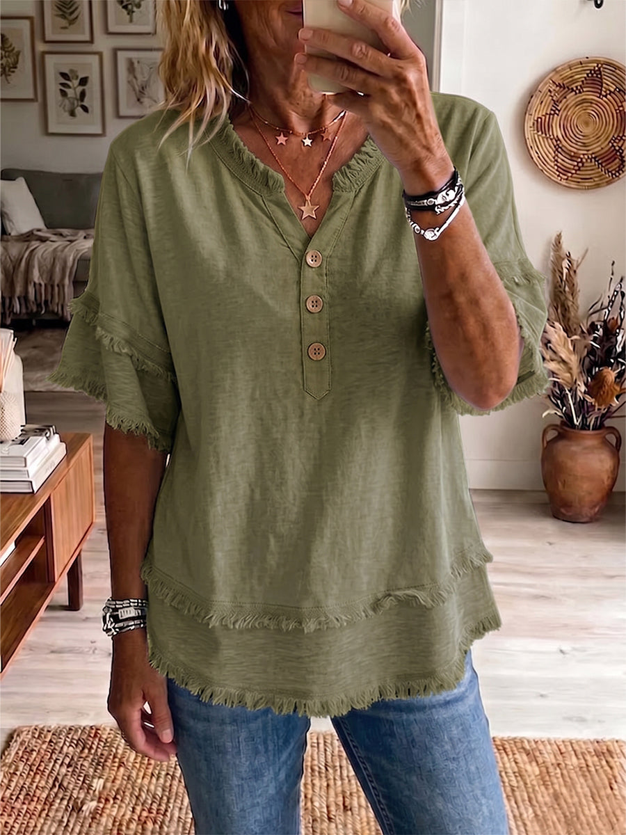 Casual Raw-edge Linen And Cotton Shirt