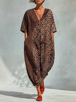 Leopard & Vertical Stripe Splice V-neck Drop Shoulder 3/4 Sleeve Loose Jumpsuit