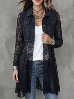 Washed Denim Lapel Dual Chest Pocket Long Sleeve Splice Hollow Lace Mid-length Cardigan Coat