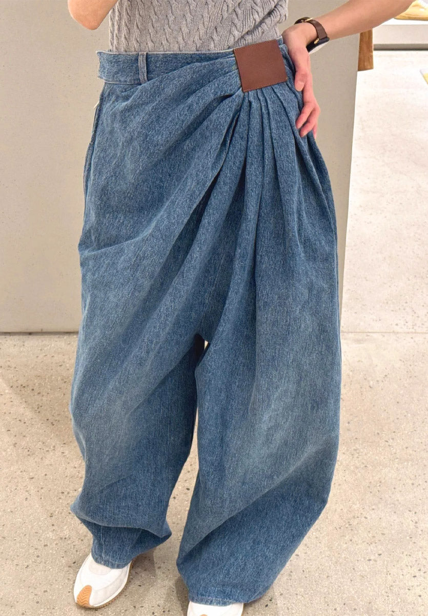 Retro Casual Asymmetrical Ruched Wide Leg Stylish Denim Pants