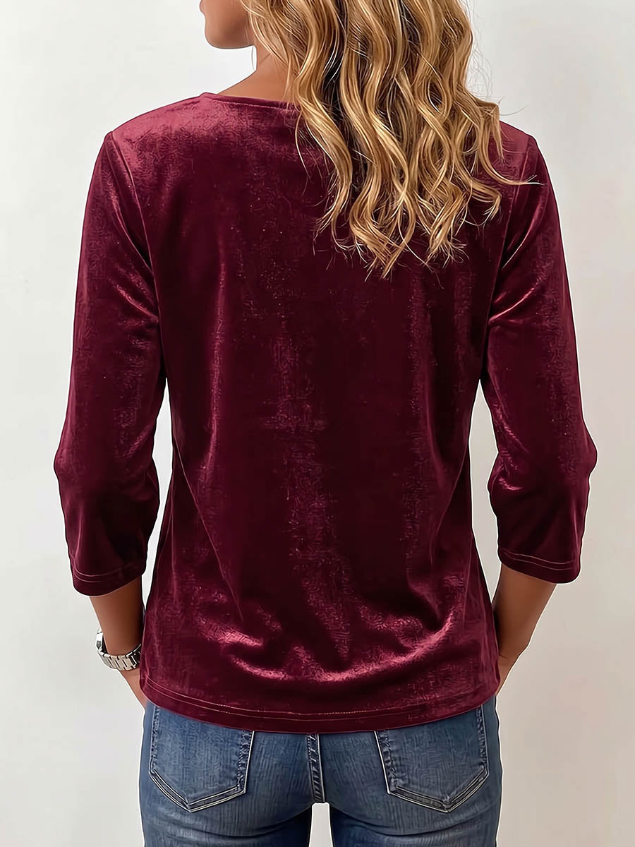 Women's Square Neck 3/4 Sleeve Casual Loose Velvet Top